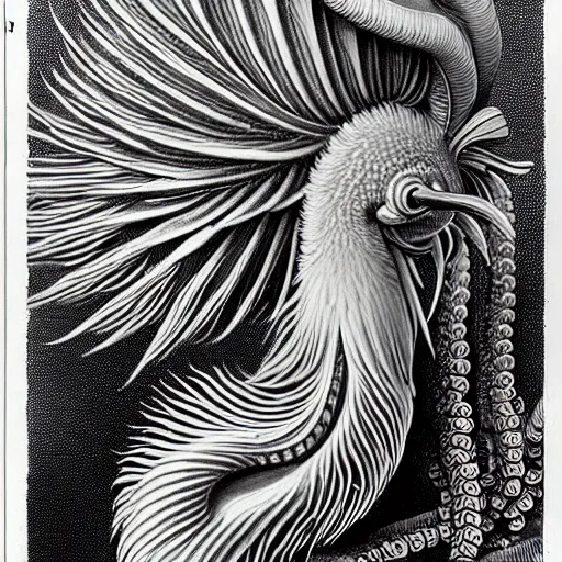 Prompt: hyperrealistic detail art of cthulhueqsue lovecraftian beaks tentatcles feathers grasses big eyes grotesque yet cute creatures by james audubon ernst haeckel