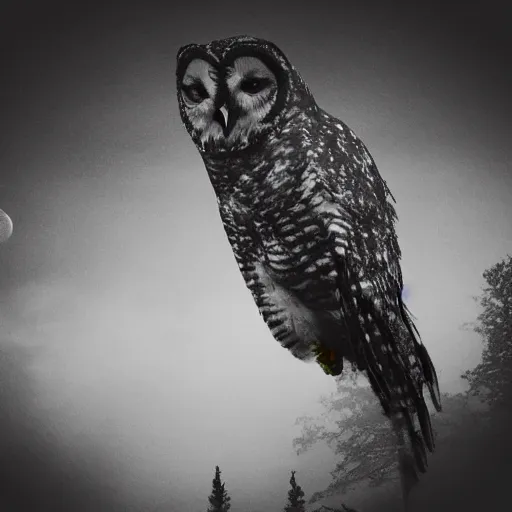 Image similar to huge owl with outstretched wings flapping flying at night through fog talons reaching for prey rabbit killing in the forest lit by the full moon fog moving through feathers