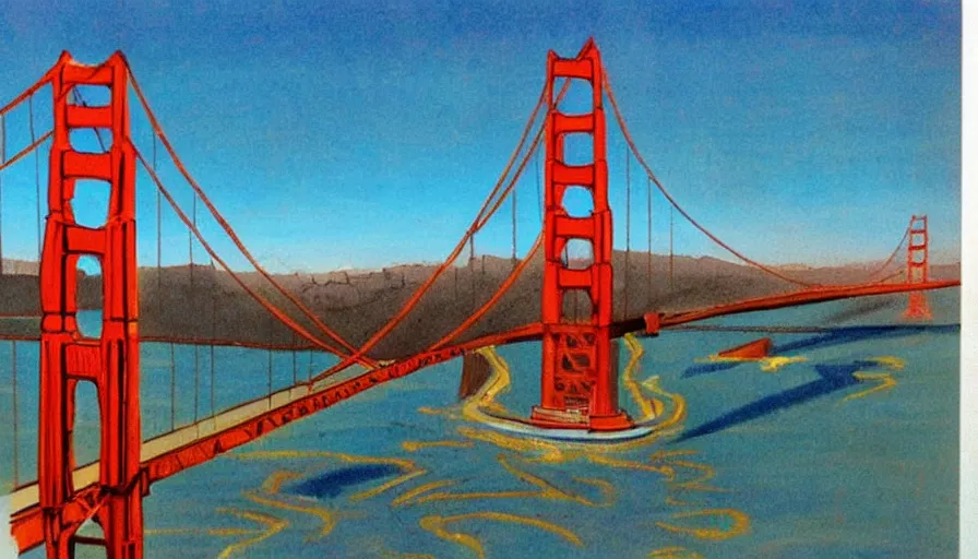 Prompt: Golden Gate Bridge, San Francisco, illustrated by Bob Ross, very detailed