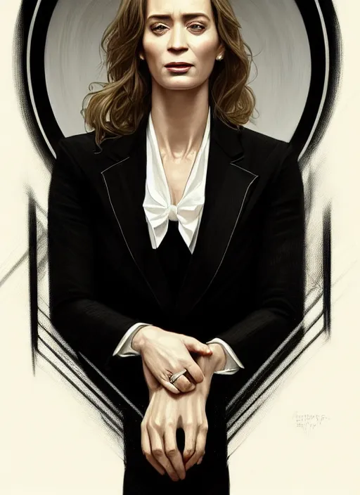 Image similar to portrait of emily blunt as business woman, black suit, white shirt, black tie, intricate, headshot, highly detailed, digital painting, artstation, concept art, sharp focus, cinematic lighting, illustration, art by artgerm and greg rutkowski, alphonse mucha, cgsociety