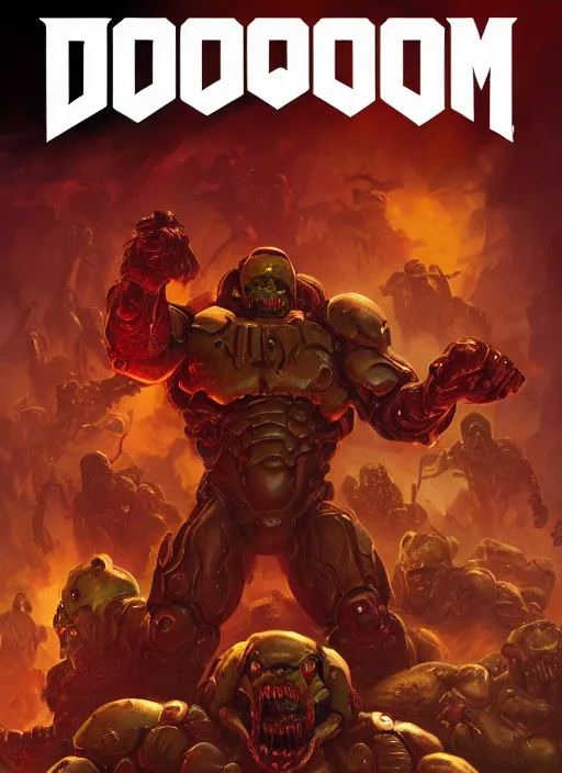 Image similar to ( doom ) cover featuring doom guy!! doom marine!! surrounded by demons, by kenneth scott, artstation, vivid gaze