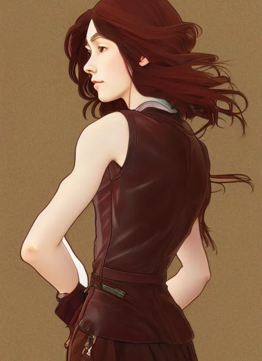 Image similar to pretty young woman with shoulder length dark red hair and wearing brown leather jacket, path traced, highly detailed, high quality, digital painting, by studio ghibli and alphonse mucha, leesha hannigan, makoto shinkai, disney