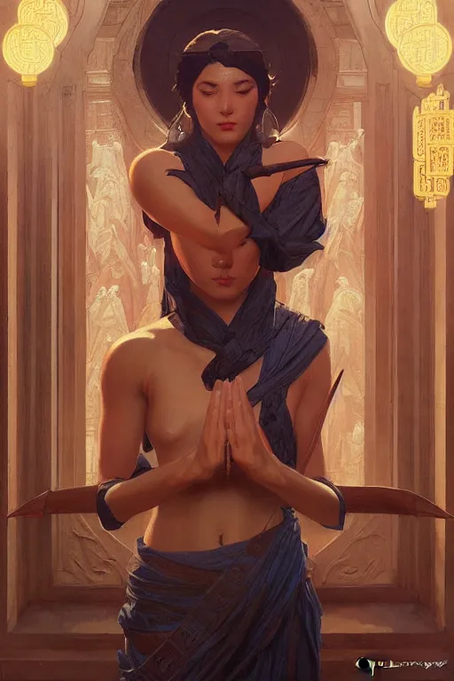 Image similar to temple, taoism, painting by greg rutkowski, j. c. leyendecker, artgerm