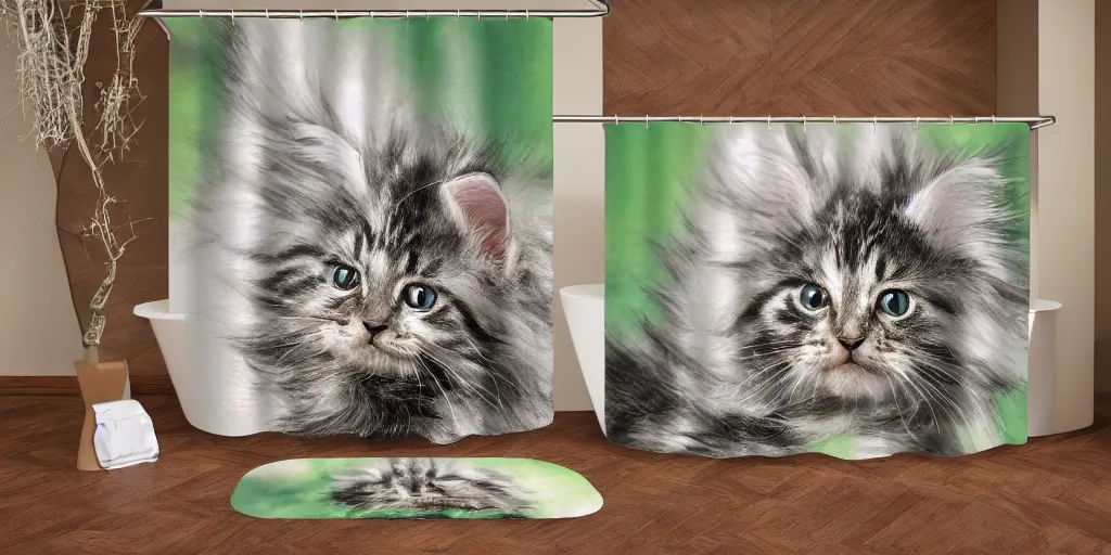 Image similar to a ( ( main coon kitten ) ) baby yoda themed shower curtain, shower curtain product photography. product lighting. digital art. 4 k, highly detailed. saturated.