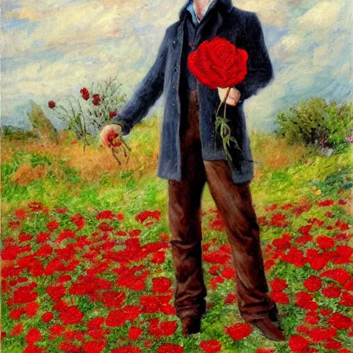 Prompt: A tall man with blue eyes and brown hair stands in the middle of a field of red roses and holds a red rose in his hand. He is wearing a leather wide brim hat and a leather vest, impressionist painting