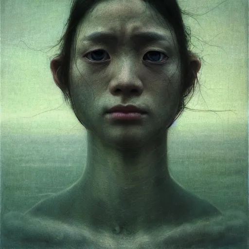 Image similar to by waterhouse, by beksinski, high quality, picture portrait of a modern yokai, haunting, photorealism, hyper - realism, octane render, highly detailed, 8 k,