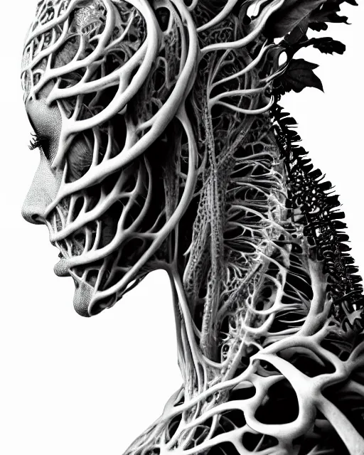 Image similar to a black and white high quality photo of a young beautiful female queen-vegetal-dragon-cyborg bust with a very long neck and Mandelbrot fractal face, Mandelbrot fractal skin, flesh, anatomical, facial muscles, veins, arteries, elegant, highly detailed, flesh highly baroque ornate, hair are wired cables, elegant, high fashion, rim light, octane render, in the style of Cindy Sherman, Realistic, Refined, Digital Art, Highly Detailed, Cinematic Lighting, rim light, black and white, photo-realistic, 8K