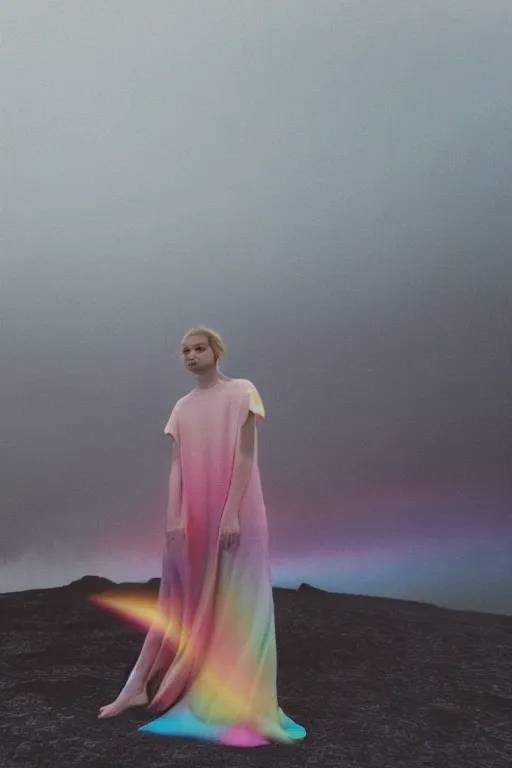 Image similar to high quality pastel coloured film close up wide angle photograph of a model wearing clothing resting on cloud furniture in a icelandic black rock environment in a partially haze filled dreamstate world. three point light, rainbow. photographic production. art directed. pastel colours. volumetric clouds. pastel gradient overlay. waves glitch artefacts. extreme facial clarity. 8 k. filmic.