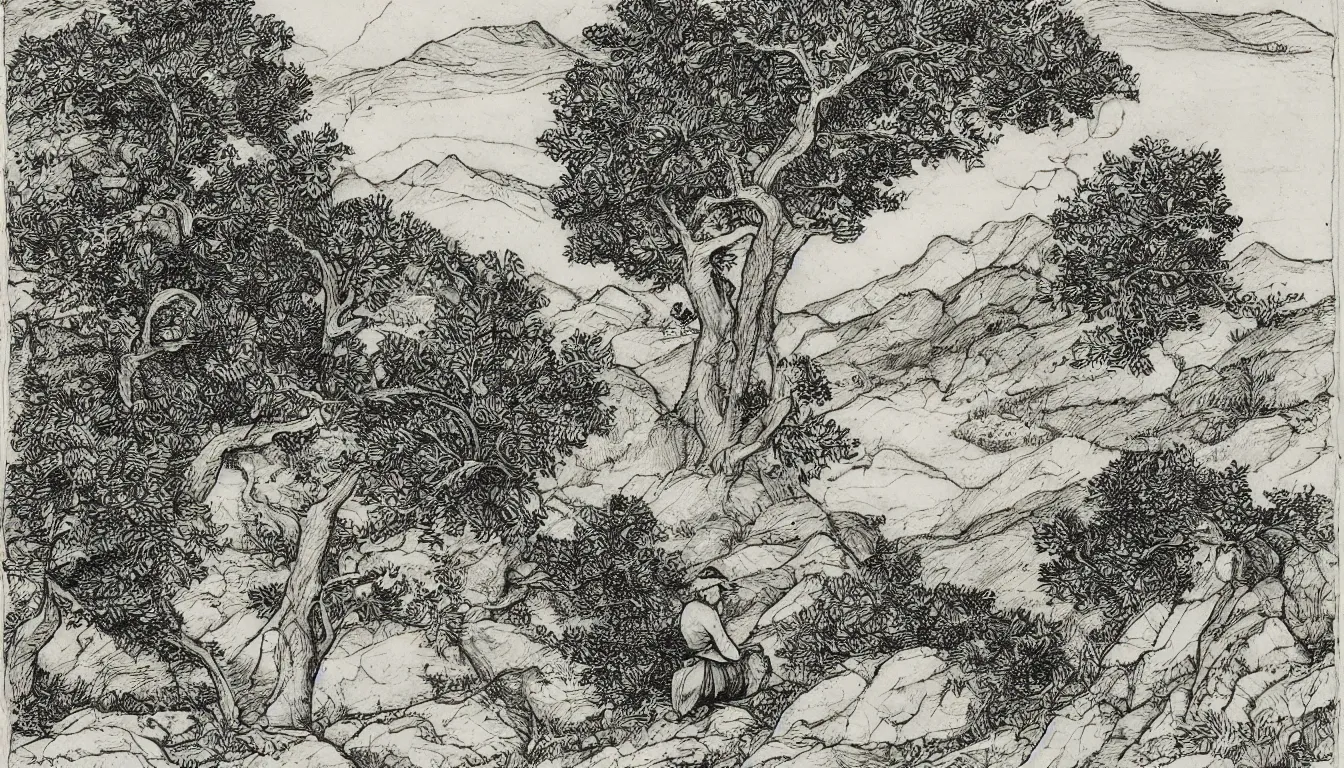 Image similar to a person sits on a mountain side while wind blows through the trees, pen and ink, 1 5 0 0 s, 8 k resolution