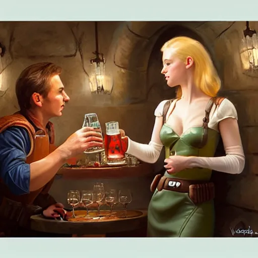 Image similar to (Boba Fett) and a beautiful young blonde drinking beer in a wine cellar, food, meat, schnapps, torches on the wall, romantic, inviting, cozy, painting by Vladimir Volegov