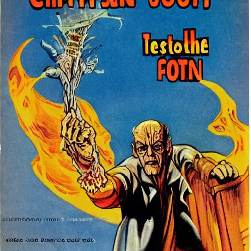 Prompt: Christopher Lloyd as Satan in retro science fiction cover by Kelly Freas (1960)