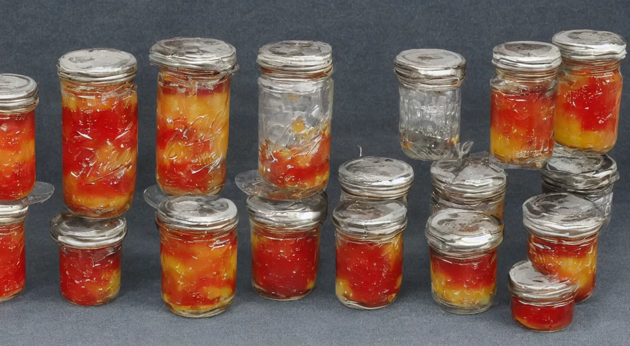 Prompt: a set of jam jars containing tiny nuclear explosions