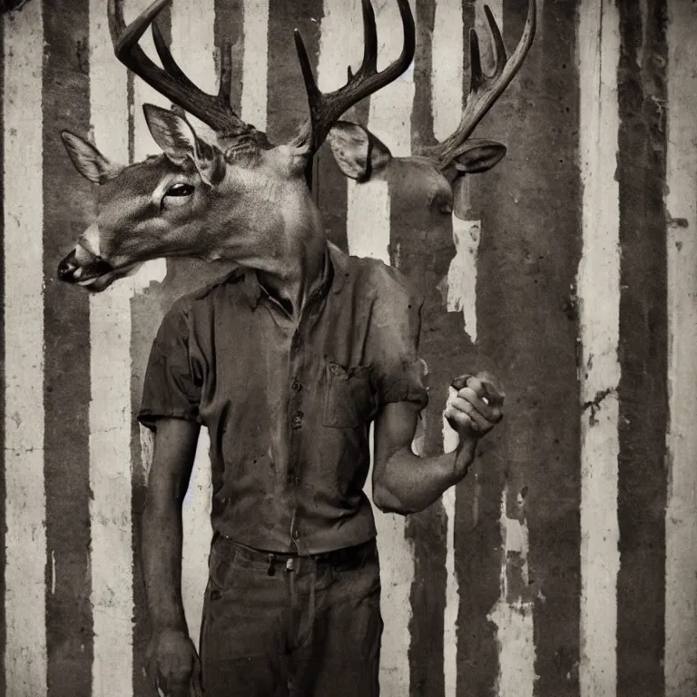 Prompt: deer headed man, striped prison clothing, old jail mugshot