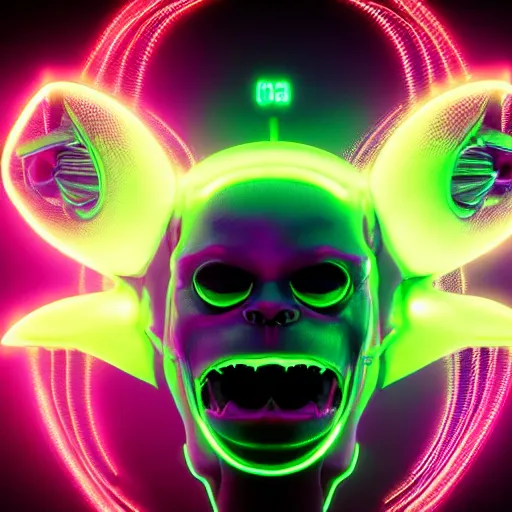 Image similar to synthwave demonic alien face with neon horns, detailed face, sharp focus, synthwave art, aesthetic, octane render, raw, cinematic