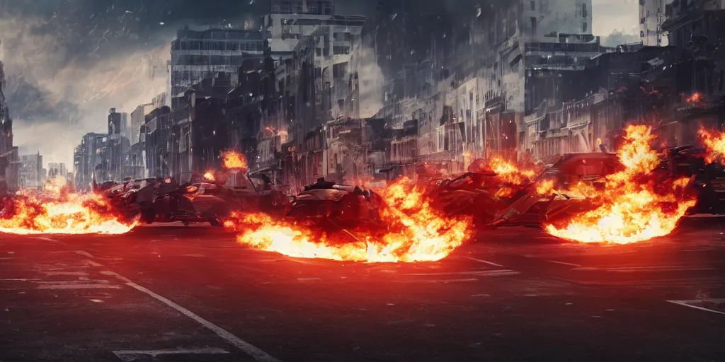 Prompt: flat street surface, massive war battle, mcu and marvel style motion blurred background, flat surface, flames, ultra realistic, 4 k, movie still, uhd, sharp, detailed, cinematic, render, modern