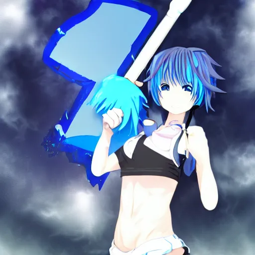 Prompt: an anime girl, holding a giant blue hammer with the logo of a black heart, and the anime girl has blue hair, white and black t - shirt, blue short - pants and she's barefoot without slippers and socks