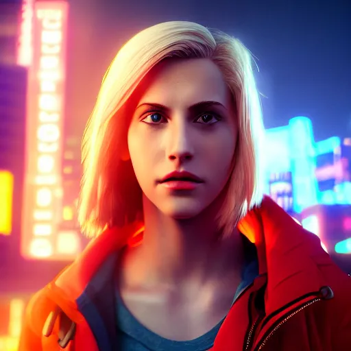 Prompt: Annie Leonhart in a neon city, octane render 8k, atmospheric render, beautiful face