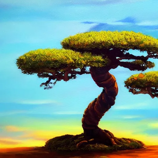 Image similar to an oil painting of a giant bonsai tree stretching over the edge of the earth. colorful. trending on artstation. atmospheric.