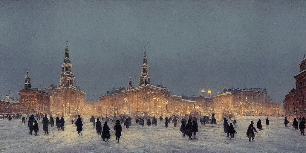 Prompt: Saint Petersburg in 1914 in winter, evening, Rozalski