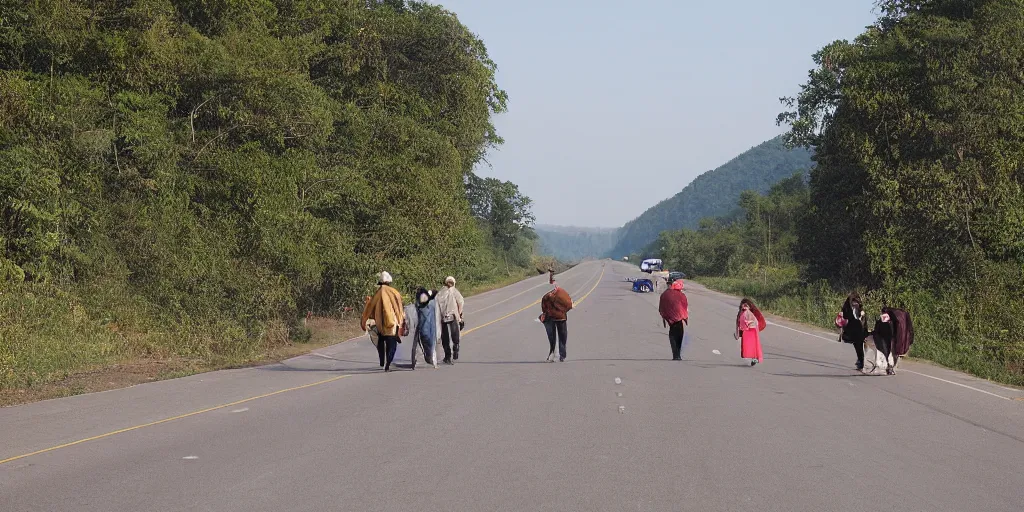 Image similar to People strolling along the highway, Martin Handford style.