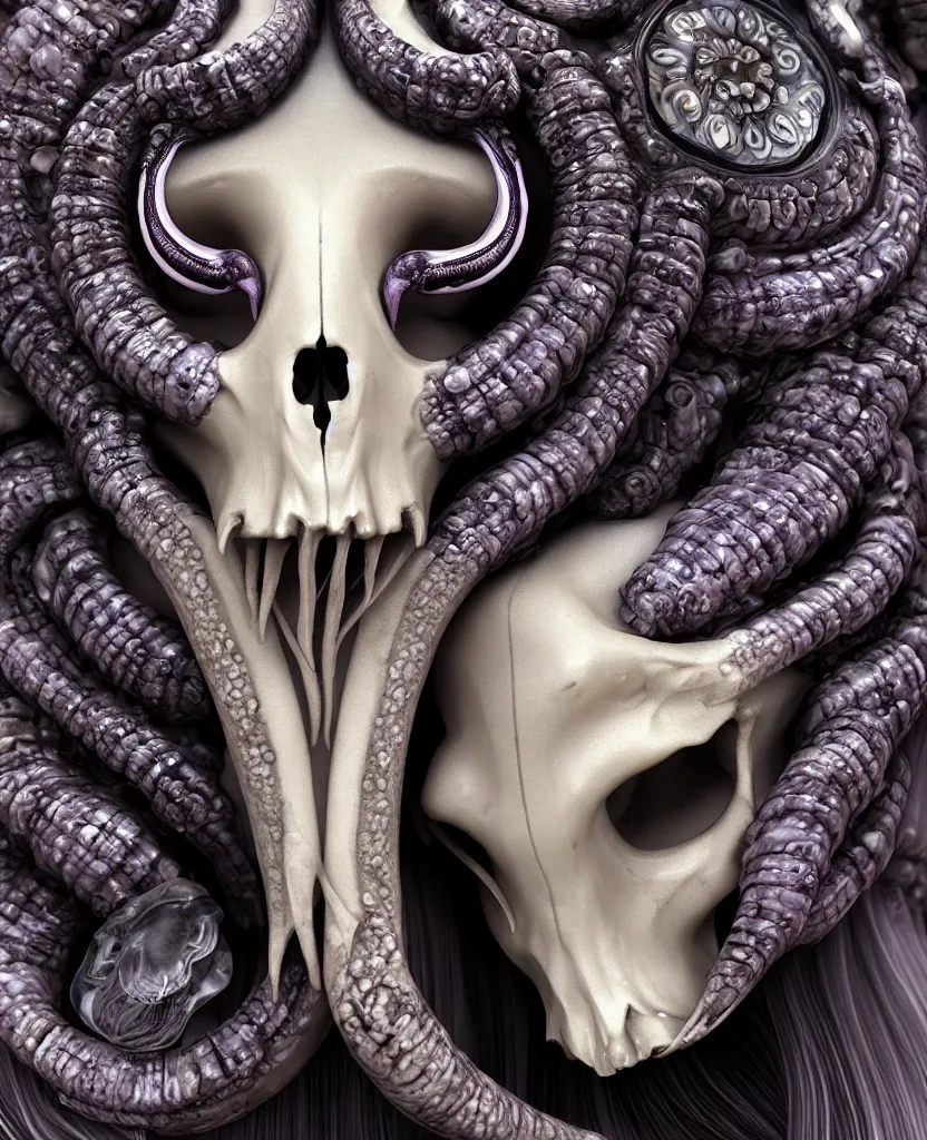 Image similar to goddess princess face close-up portrait ram skull. sculpture made of black obsidian. jellyfish phoenix head, nautilus, orchid, skull, betta fish, bioluminiscent creatures, intricate artwork by Tooth Wu and wlop and beeple. octane render, trending on artstation, greg rutkowski very coherent symmetrical artwork. cinematic, hyper realism, high detail, octane render, 8k