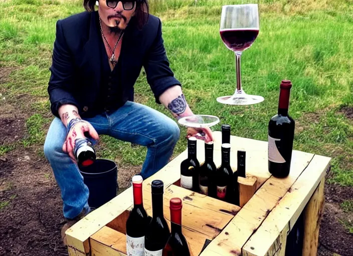 Image similar to jonney depp selling mega pints of wine at a makeshift wood stand, realistic, detailed