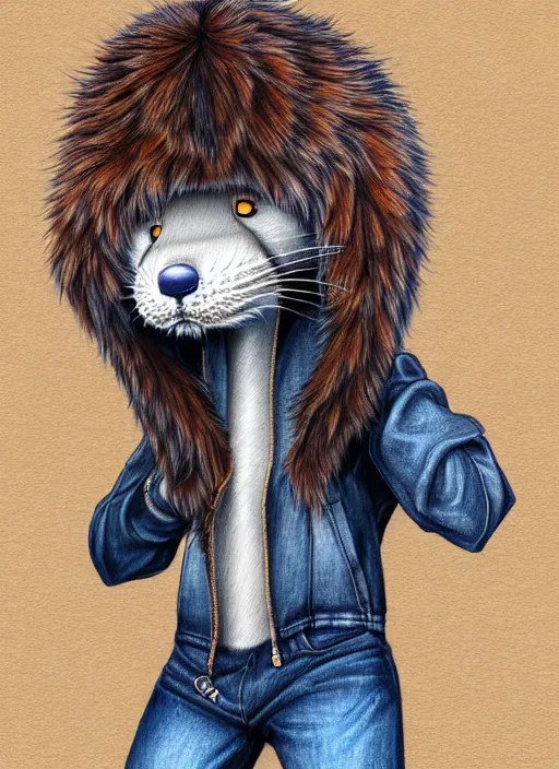 Image similar to expressive stylized master furry artist digital colored pencil painting full body portrait character study of the otter ( sergal ) small head fursona animal person wearing clothes jacket and jeans by master furry artist blotch, sharp focus