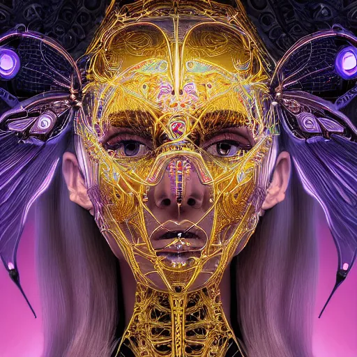Prompt: very beautiful woman integrating with technology, full face frontal centered, portrait, insipiring, detailed intricate ornate neon pulsating cables connected to head, diamond huge eyes, luxurious detailed abundent wiring and implants, gold, renaissance, sci - fi, detailed technology background with cyber flowers and insects, dramatic lighting, photography, highly detailed, artstation, 8 k,