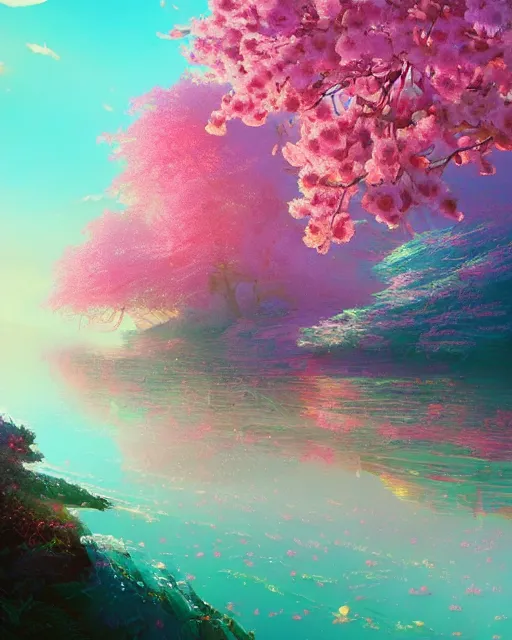 Image similar to river landscape | cherry - blossoms | highly detailed | very intricate | fantasy whimsical magical | soft bright natural morning light | pixar | award - winning | matte painting by anton fadeev and paul lehr and rhads and alena aenami | pastel color palette | featured on artstation