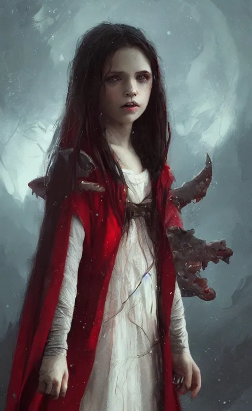 Prompt: Portrait of a small vampire girl wearing a red cloak, detailed face, fantasy, highly detailed, cinematic lighting, digital art painting by greg rutkowski