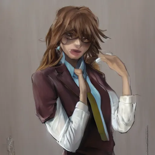 Image similar to woman in business suit, brown neat hair, pixiv, fanbox, trending on artstation, digital art, portrait, modern, sleek, highly detailed, formal, serious, determined, competent, colorized, smooth, charming, pretty, safe for work, law office