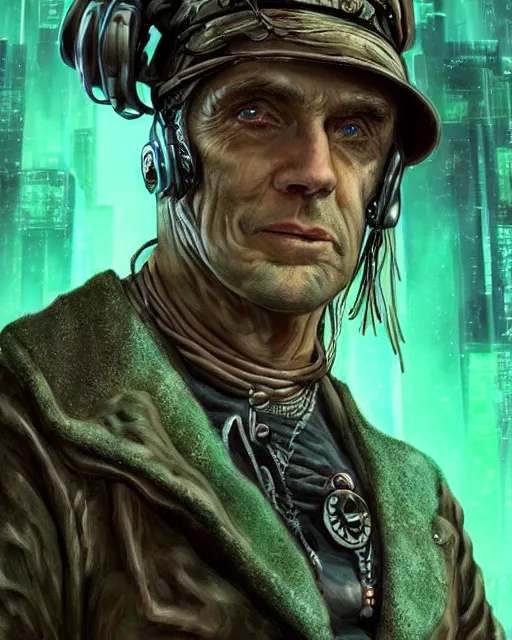 Prompt: an intimate portrait of a gnarly human cyberpunk captain, old skin, faded hat, charming, strong leader, green eyes, a look of cunning, detailed matte fantasy painting