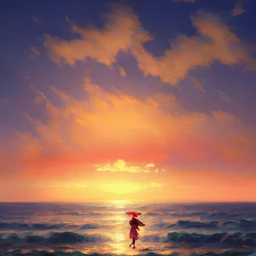 Prompt: Kirisame Marisa, sunset on the beach, touhou project, ZUN, beautiful portrait, oil on canvas, official artwork, trending on artstation, in the style of Aivazovsky