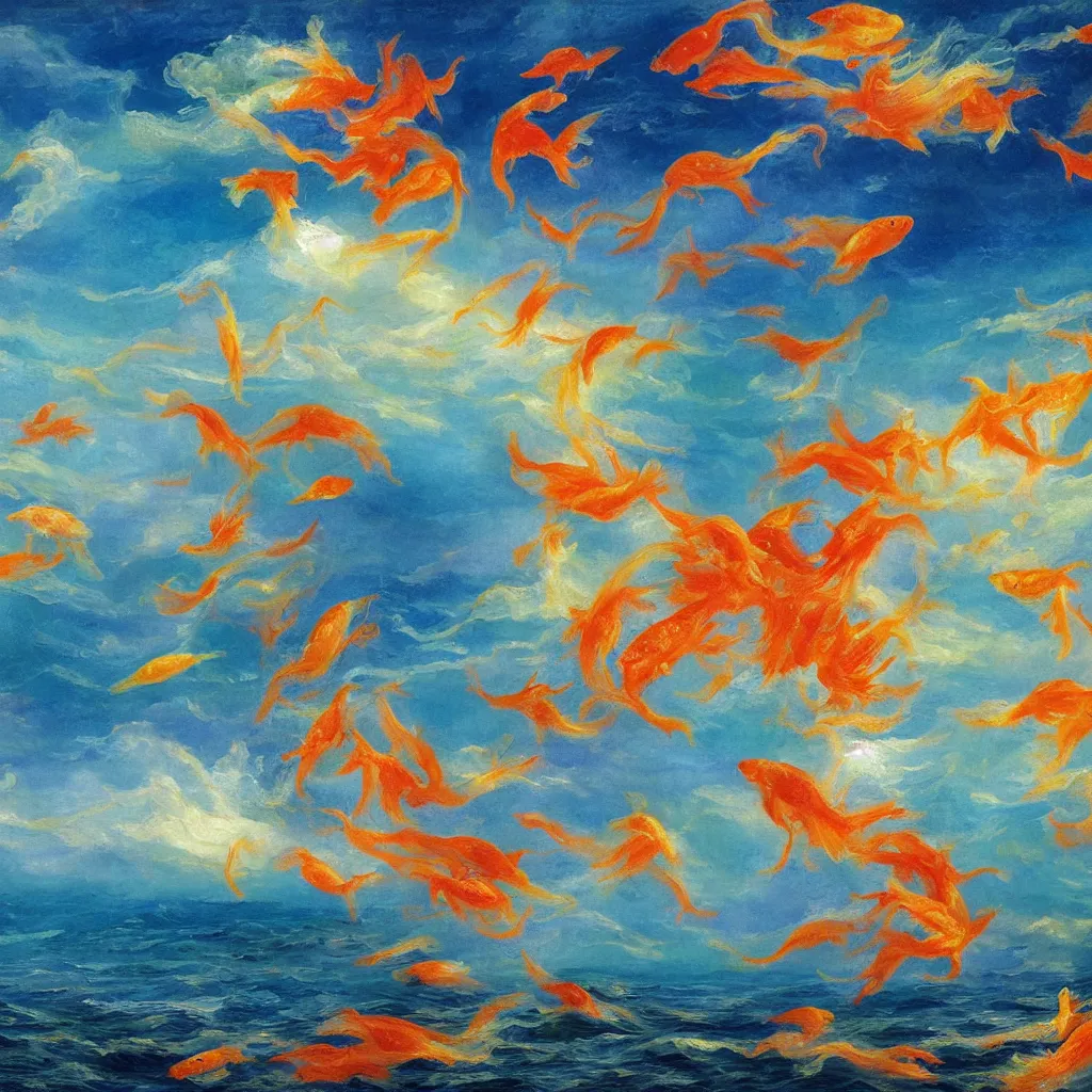 Prompt: 3d high relief painting of sea like jelly,Rainbow clouds like goldfish floating lightly in the air, Sailing ship,dreamy, soft , highly detailed, expressive impressionist style,in the style of William Schneider