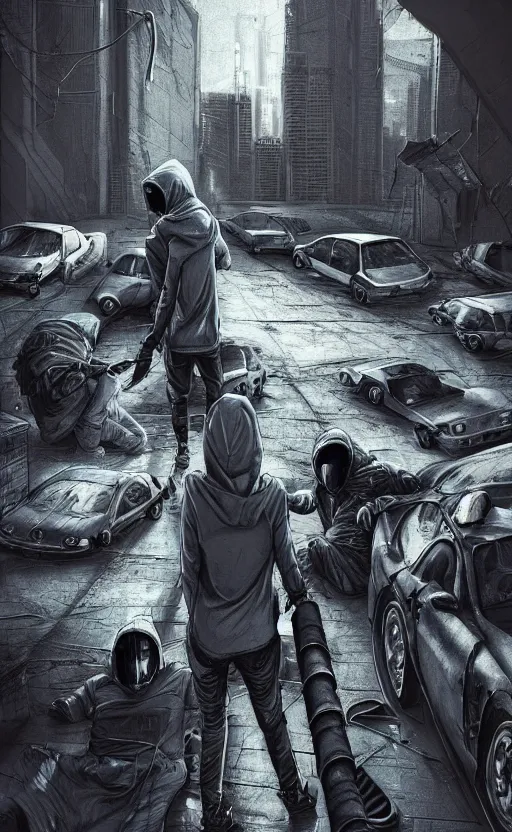 Image similar to wolf gang, cyberpunk, gray hoodie, group photo, old car, abandoned warehouse, weapon, drugs, flex position, grey bandana, gasmask, non fiction stability, intricate, elegant, 8 k, uhd, justify, artstation, concept art, matte, sharp focus, illustration, consistent, highly detailed object content, proportional object content