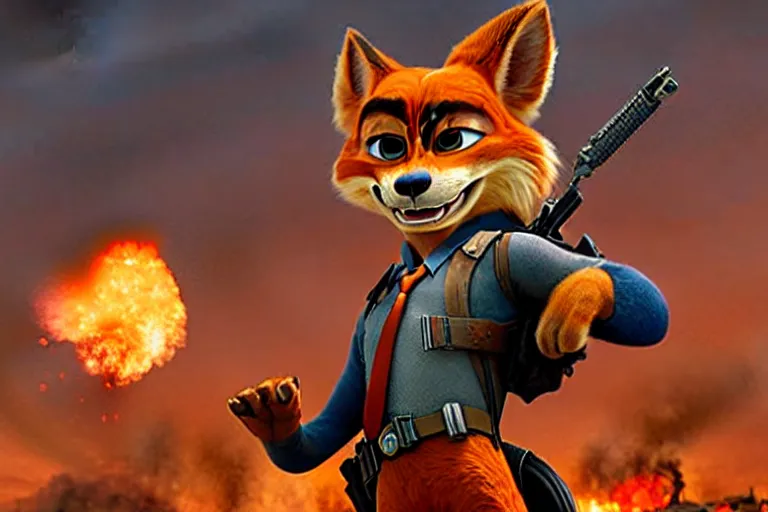 Image similar to nick wilde ( from zootopia ), heavily armed and armored facing down armageddon in a dark and gritty reboot from the makers of mad max : fury road