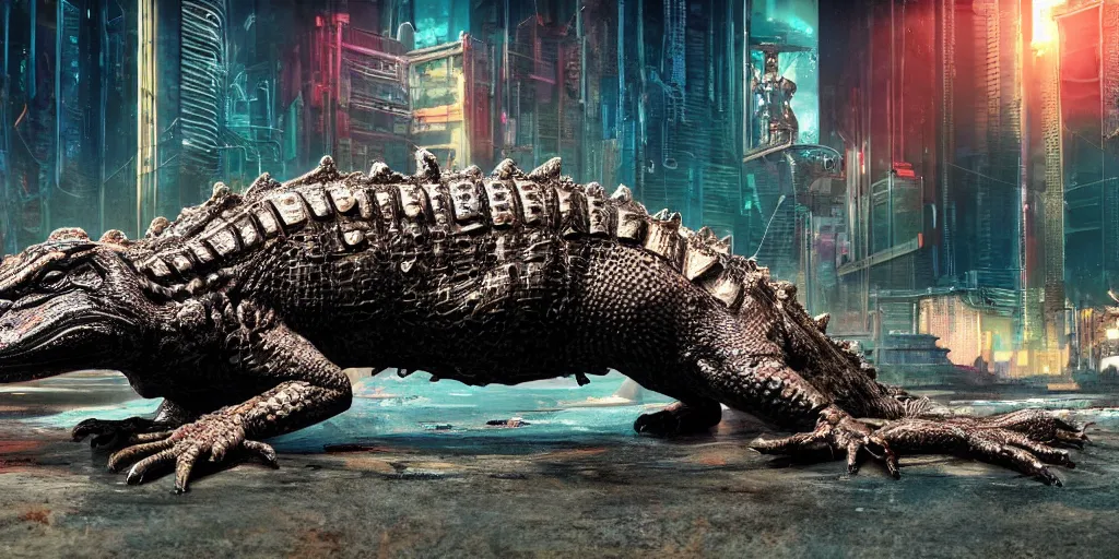 Image similar to a cyberpunk alligator creature closeup, fallout 5, studio lighting, deep colors, apocalyptic setting, vertically mirrored city in background