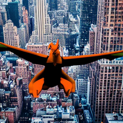 Image similar to charizard flying above new york, realistic extremely detailed photo style painting, granular detail, holographic krypton ion, octane render, 4 k, f 3 2, 5 5 mm photography, wide angle