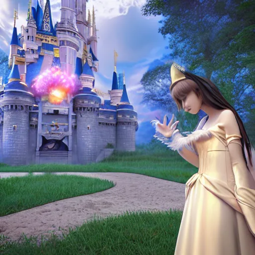 Image similar to a very detailed, ultra-realistic, pleasant, beautiful, funny, smooth 3D CG render, semirealistic anime style, close-up of a gorgeous, cute, gentle, noble priestess magician princess girl wearing dress and jewelry, in a glorious magic kingdom with castle and walls, relaxing calm vibes, fairytale, octane render