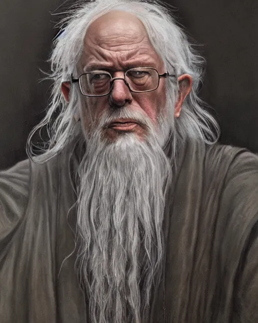 Image similar to portrait of bernie sanders as gandalf in lord of the rings, beautiful, very detailed, hyperrealistic, medium shot, very detailed painting by Glenn Fabry, by Joao Ruas