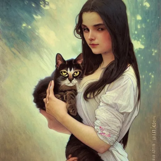 Image similar to girl with long dark hair thick eyebrows and dark eyes, she is holding a cat in her arms, by juan villafuerte, greg rutkowski and alphonse mucha, pexels contest winner, high quality photo, rtx, hd