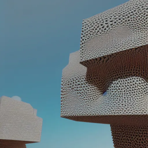 Prompt: photorealistic 3 d rendering of 3 d cellular automaton and the blue cloudy sky. highly detailed octane render and vray with natural light and organic colours, volumetric lighting, raytracing, unreal engine