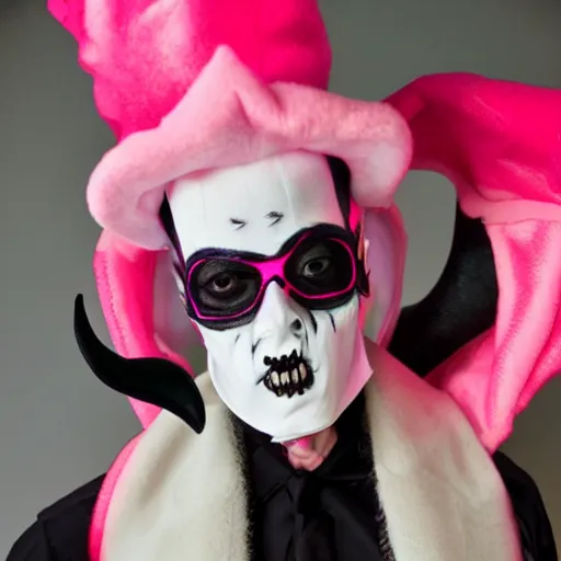 Image similar to bad bunny dressing up as a demon for halloween, artistic, pink pastel, realistic, close up, varying angles