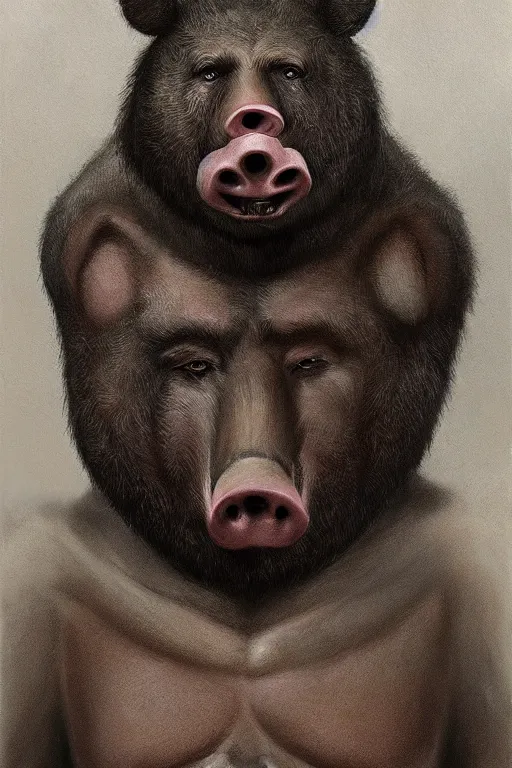 Image similar to half man half bear half pig, dark fantasy, painted by zdizslaw beksinsky and H.R. Giger, trending on artstation,