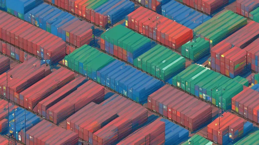 Prompt: cargo containers port., cool color palette, colorful, sci - fi digital painting by simon stalenhag, high angle