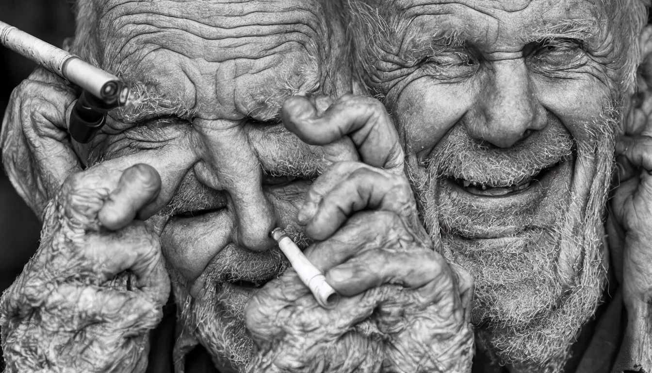 Image similar to hyper realistic color photo, portrait of a single weathered old man, aesthetic laughing woman smoking pipe, cables, vapour emerge from their eyes, dramatic lighting and shadow!!, full colour, upscale, 8 k, masterpiece