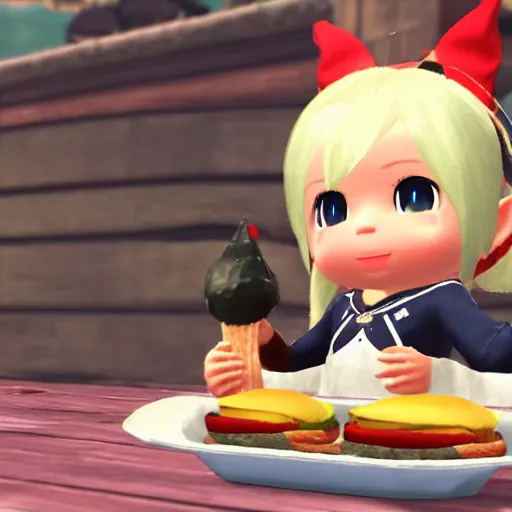 Prompt: a Lalafell eating a burger, FFXIV in-game