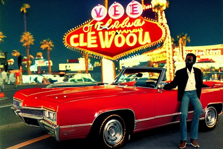 Prompt: Color photograph of Chuck Berry behind the wheel of a red convertible 1968 Converible Eldorado with a white interior on the Las Vegas Strip at night, award winning photograph by Annie Liebowitz and Herman Leonard