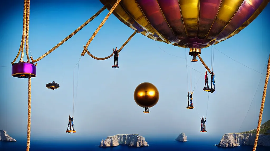 Image similar to large colorful futuristic space age metallic steampunk steam - powered balloons with pipework and electrical wiring around the outside, and people on rope swings underneath, flying high over the beautiful greek islands landscape, professional photography, 8 0 mm telephoto lens, realistic, detailed, photorealistic, photojournalism