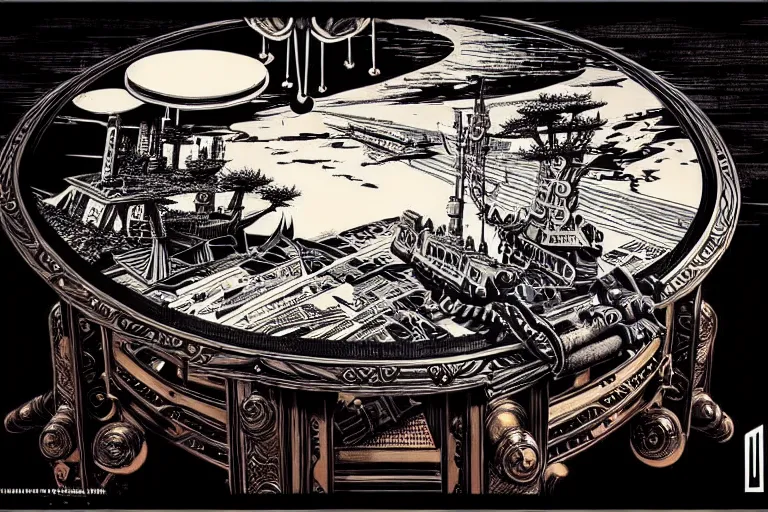 Prompt: majestic steampunk table, furniture, high details, bold line art, by vincent di fate and joe fenton, inking, etching, screen print, masterpiece, trending on artstation, sharp, high contrast, hyper - detailed,, hd, 4 k, 8 k